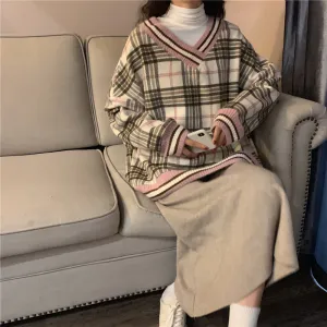 "CONTRAST PLAID WOOL" PULLOVER N110501