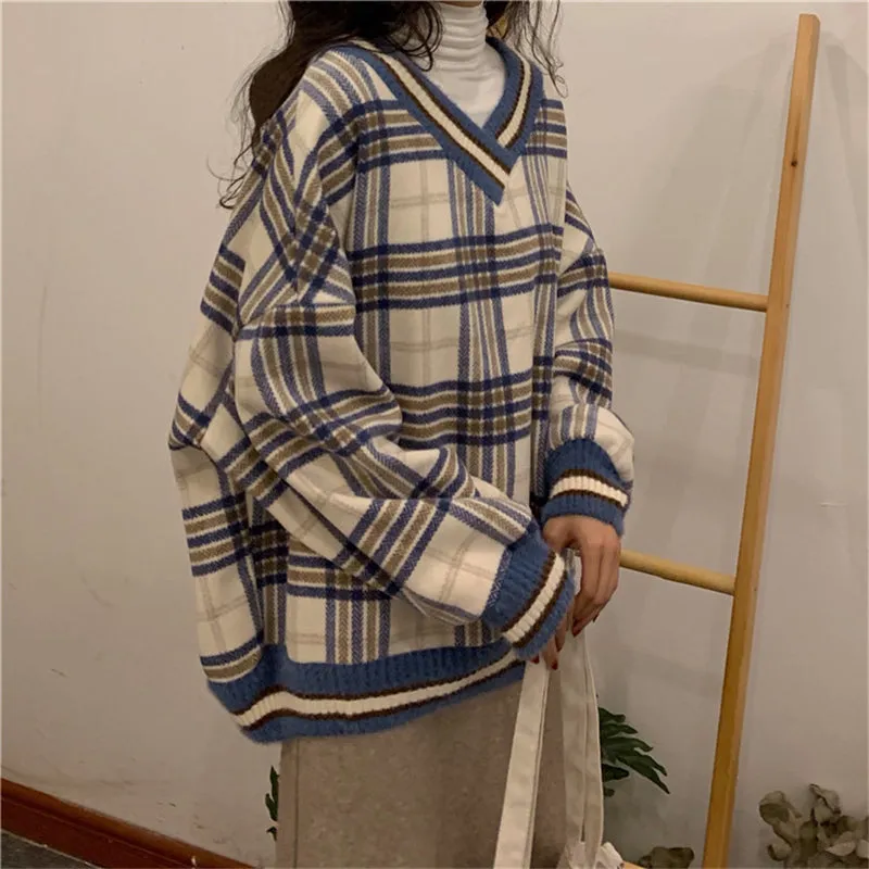 "CONTRAST PLAID WOOL" PULLOVER N110501