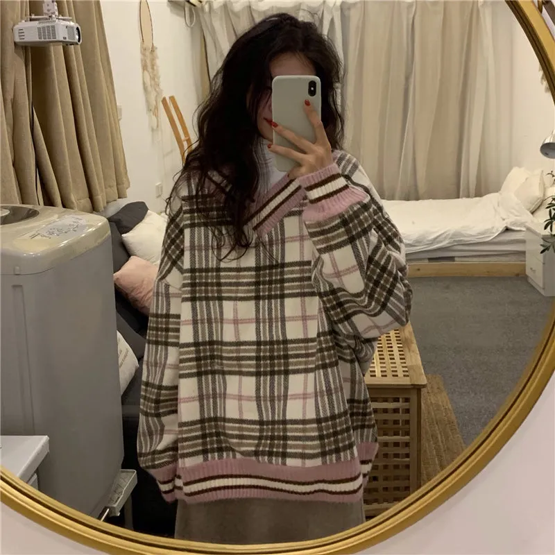 "CONTRAST PLAID WOOL" PULLOVER N110501