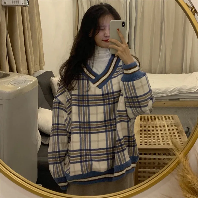 "CONTRAST PLAID WOOL" PULLOVER N110501