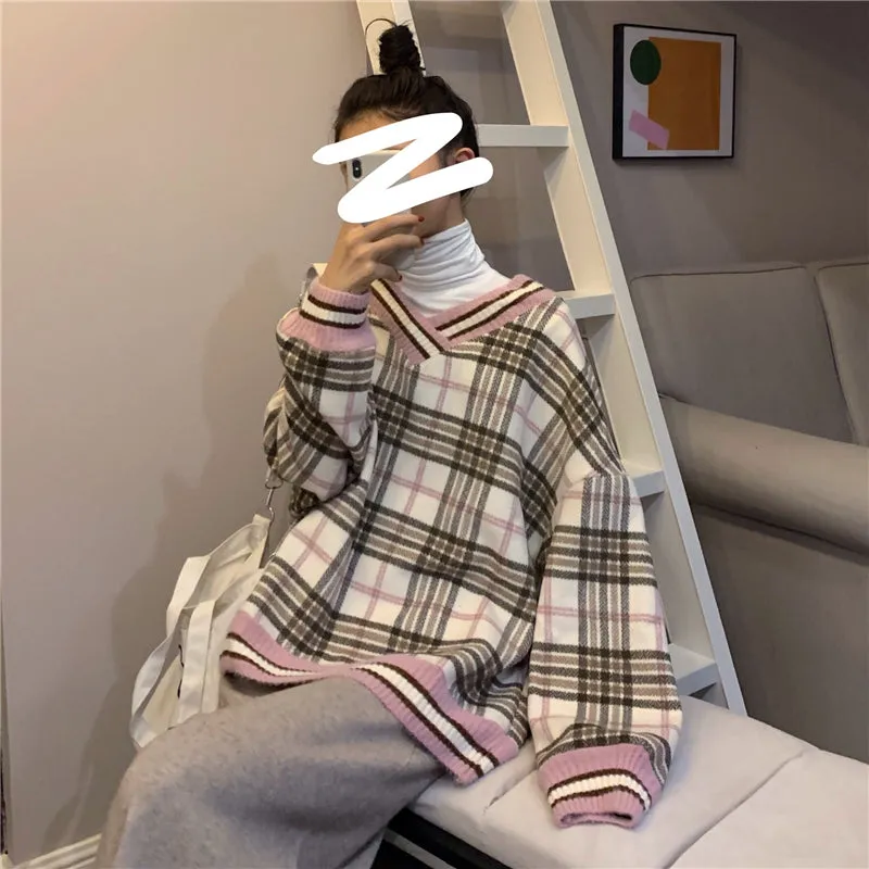 "CONTRAST PLAID WOOL" PULLOVER N110501