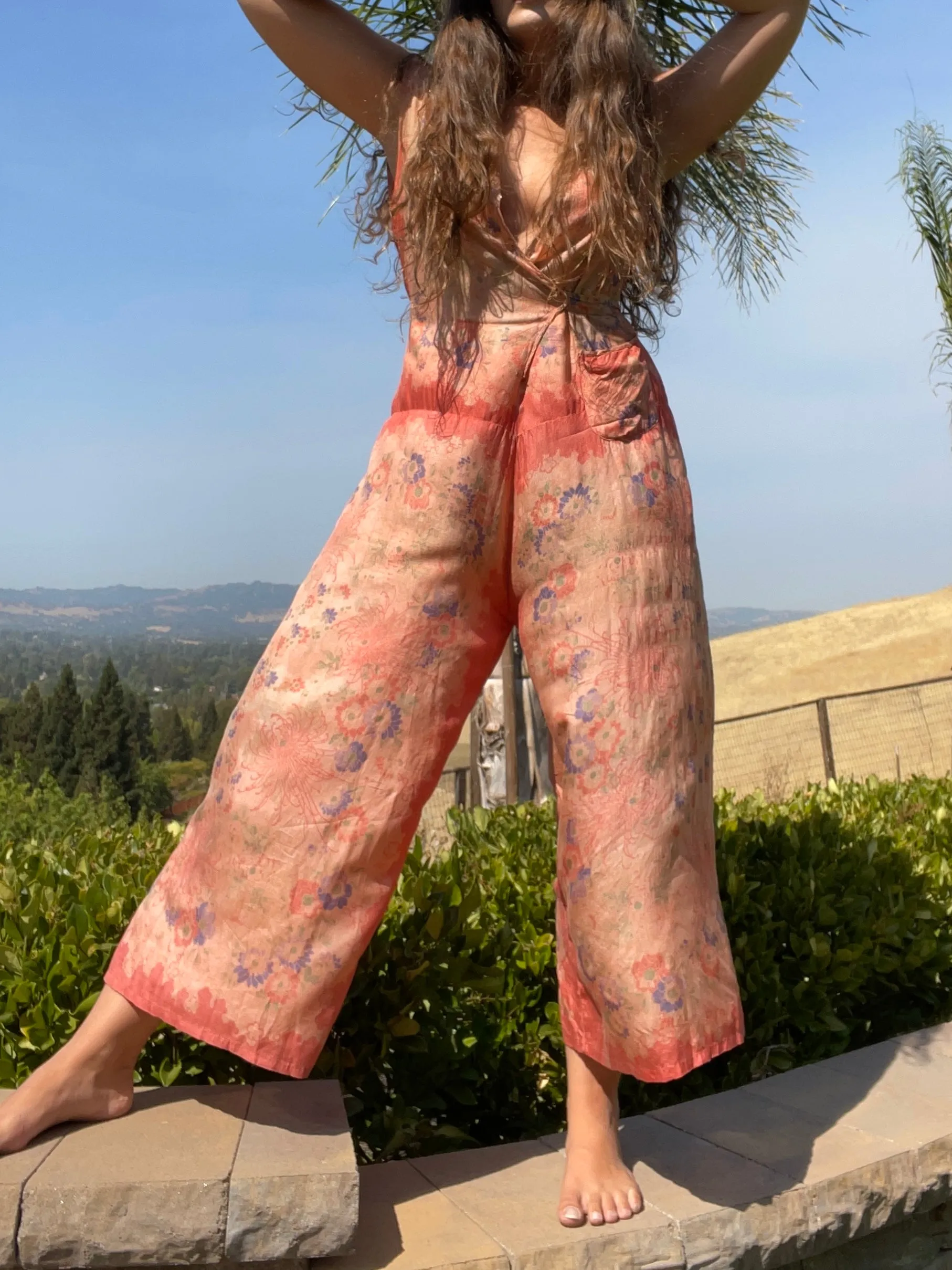 Rare 1920s Faded Pink Pongee Silk Beach Pajamas