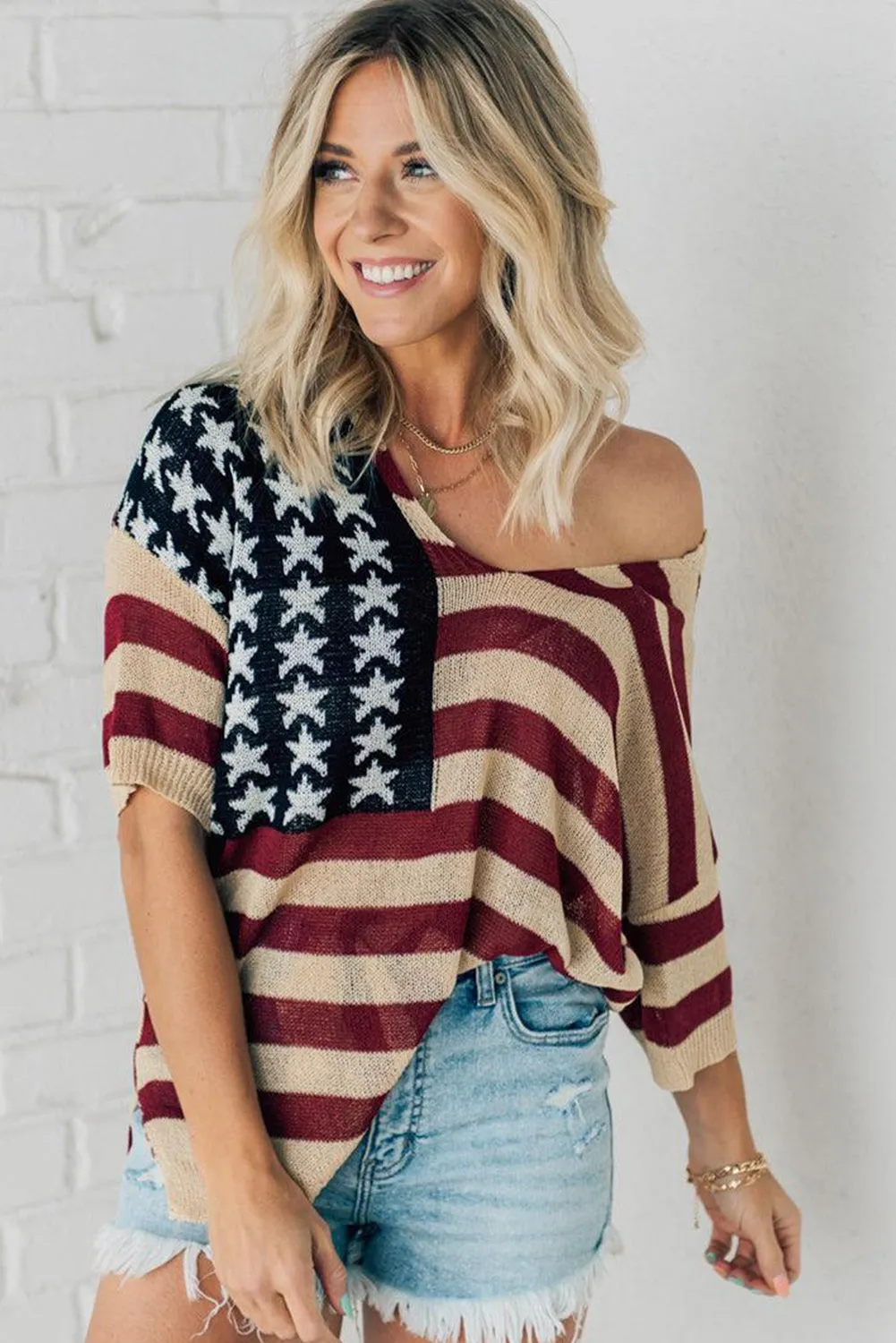 Red American Flag Loose Fit Sweater