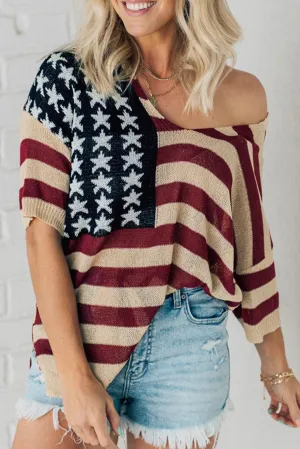 Red American Flag Loose Fit Sweater