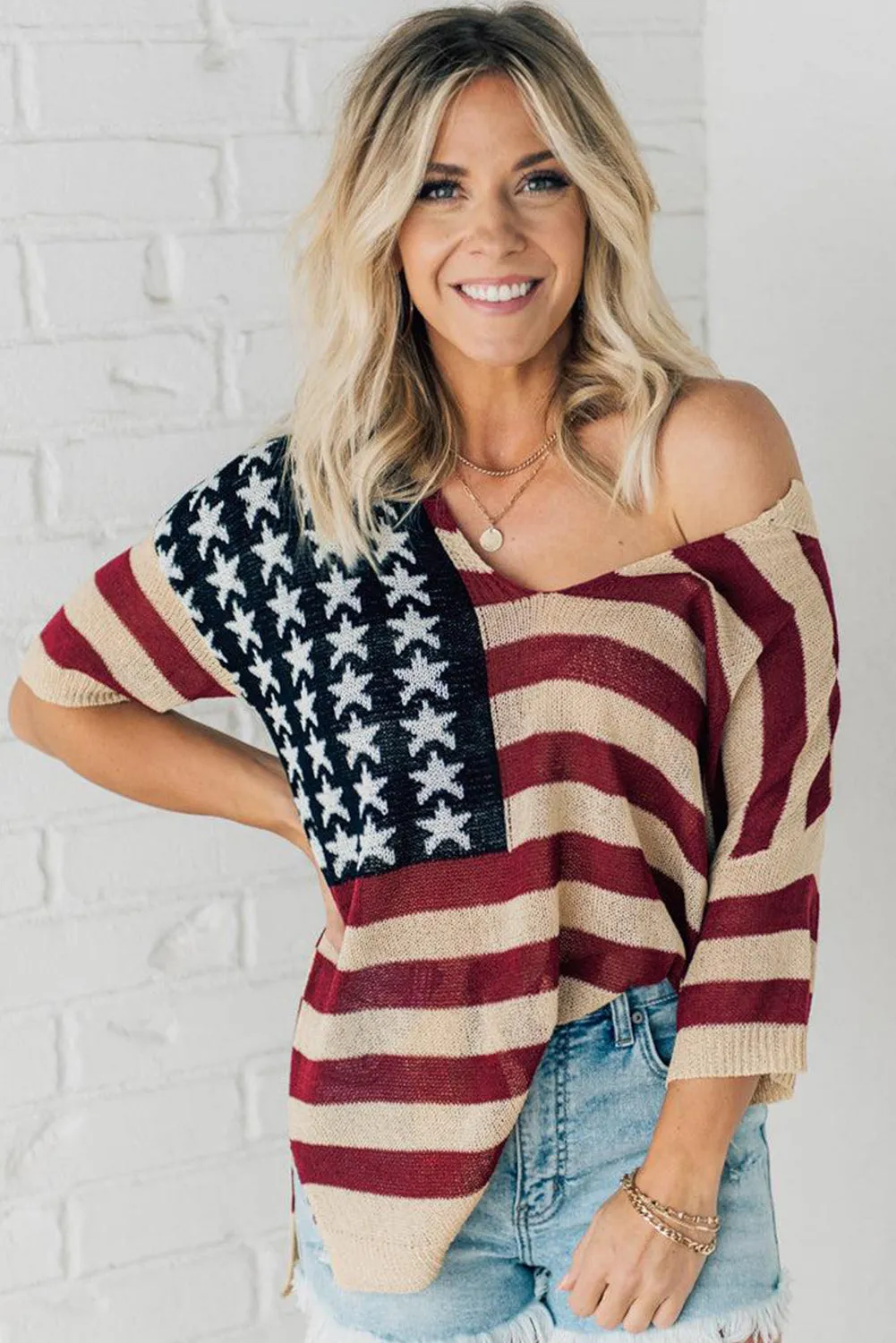 Red American Flag Loose Fit Sweater