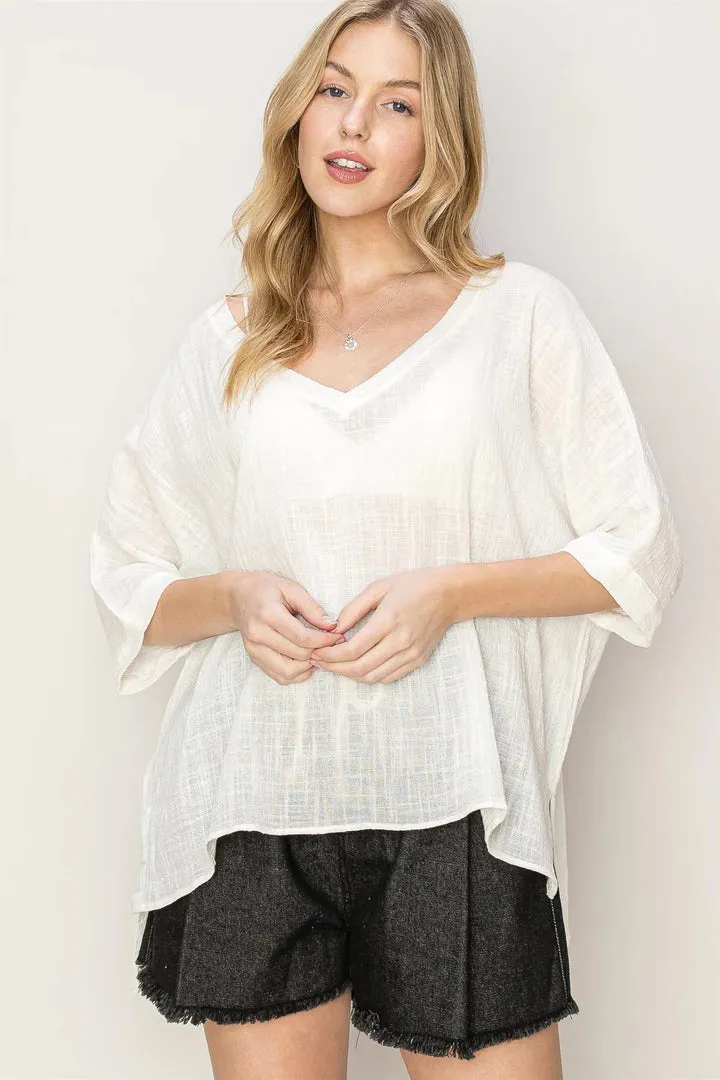 River Oversized V-Neck Top In Off-White