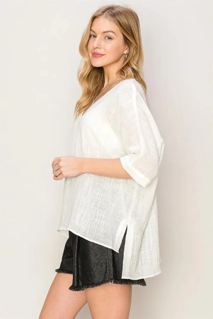 River Oversized V-Neck Top In Off-White