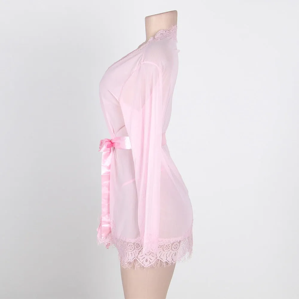 Robe Lace Trim With Thong With Farawlaya