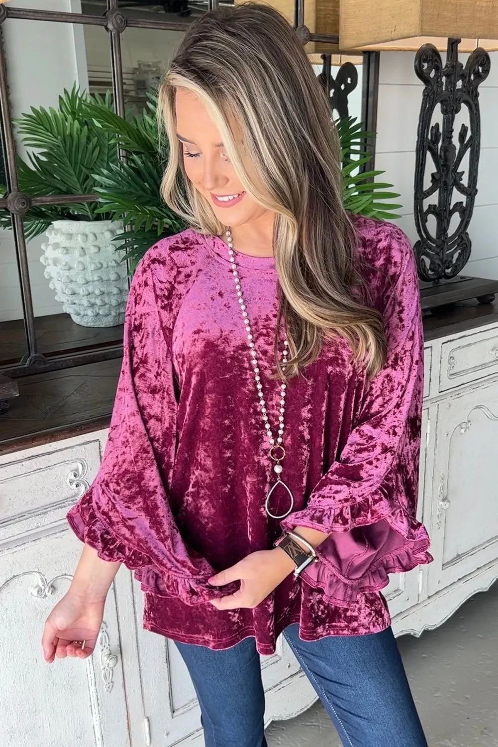 Ruby Frill Wide Sleeve Loose Velvet Top