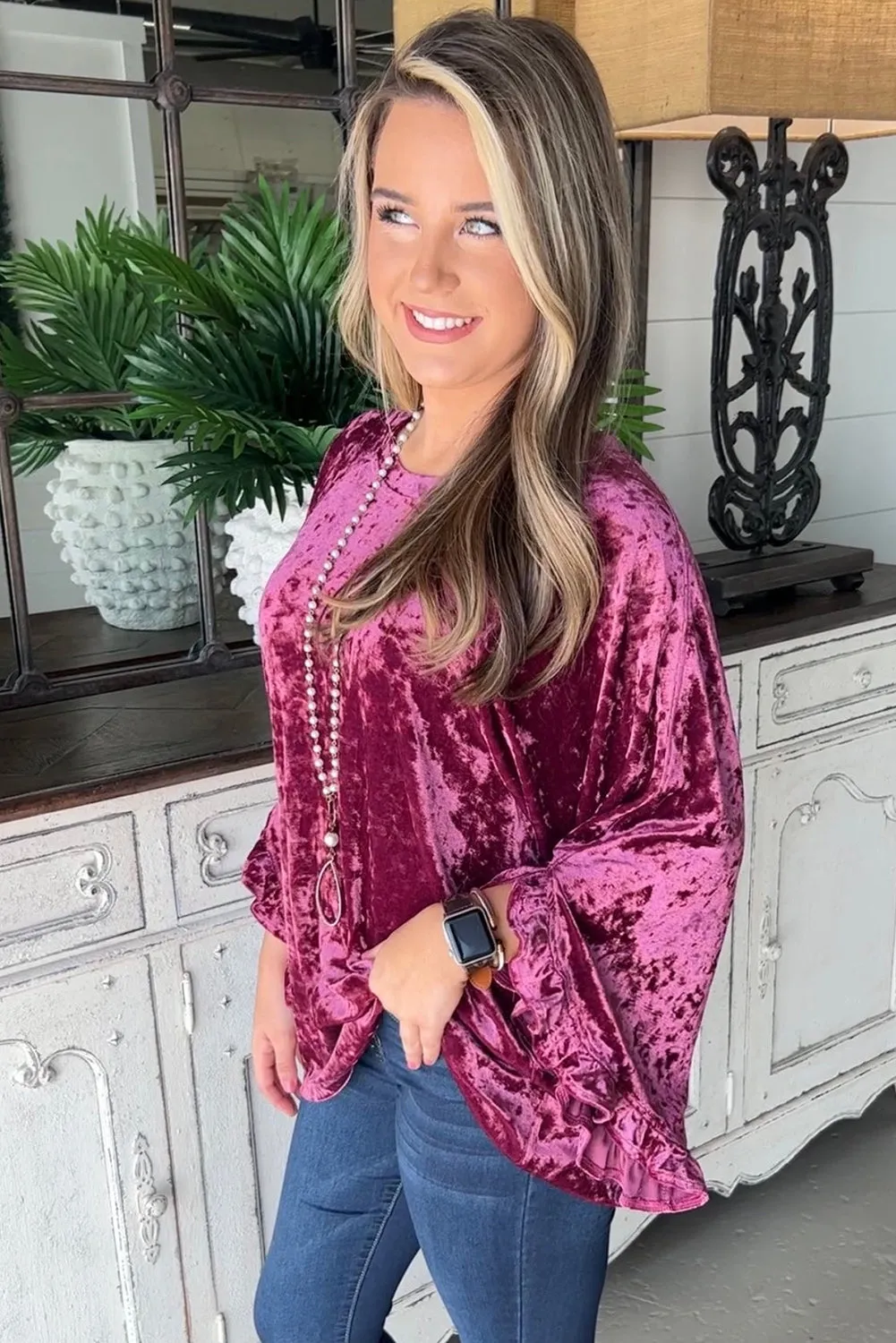 Ruby Frill Wide Sleeve Loose Velvet Top
