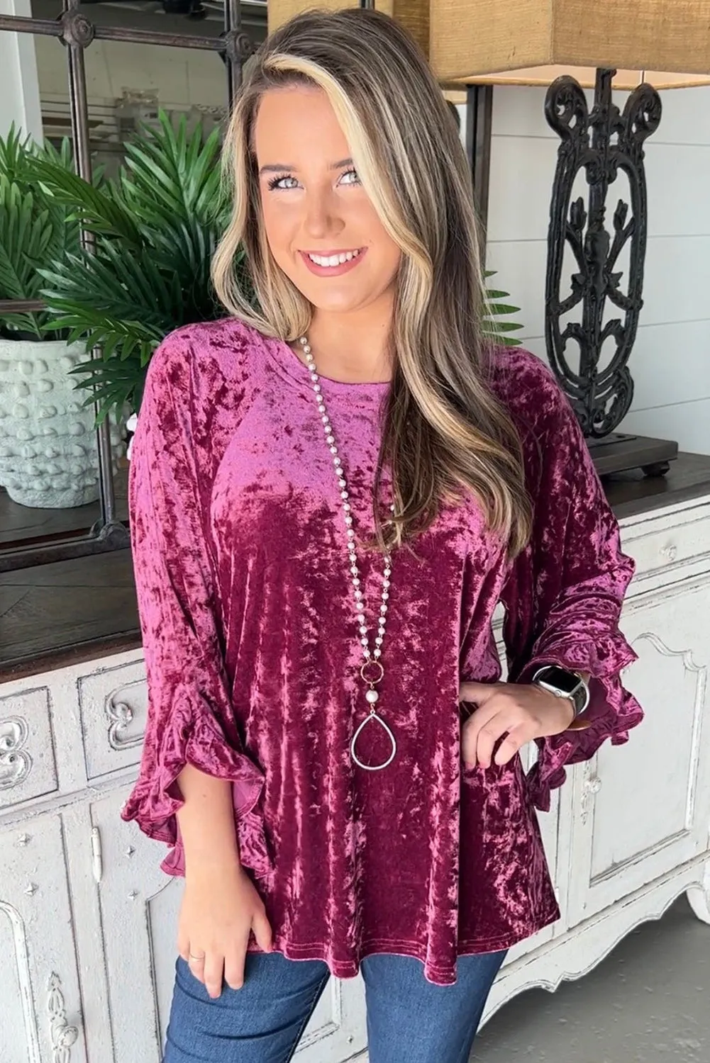 Ruby Frill Wide Sleeve Loose Velvet Top