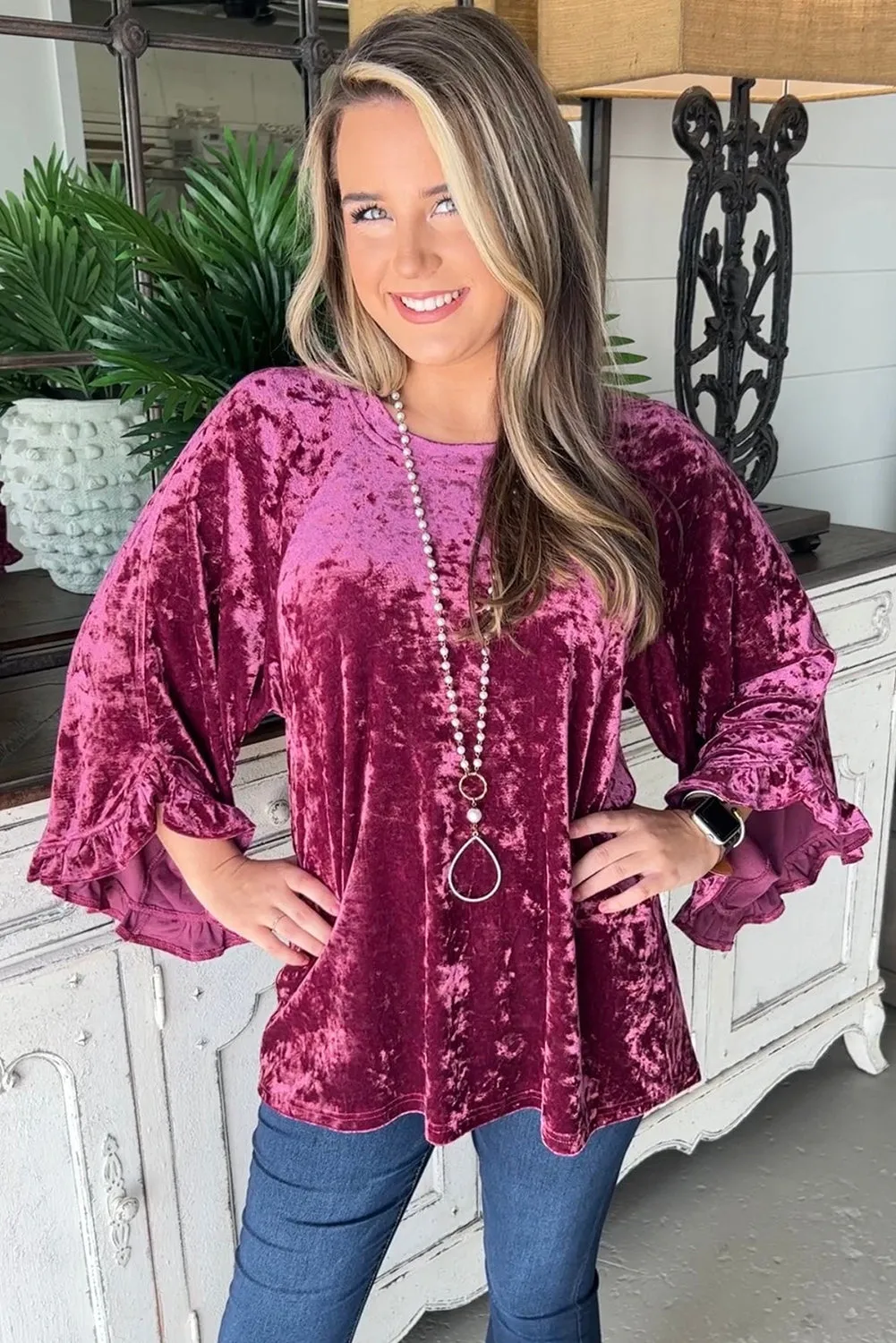 Ruby Frill Wide Sleeve Loose Velvet Top