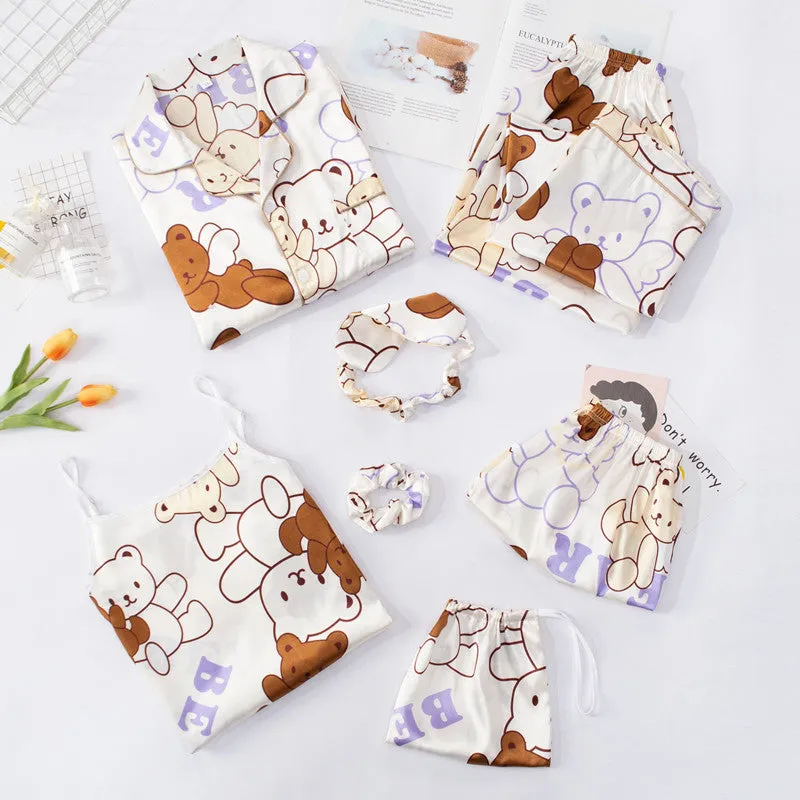 Seven-Piece Pajamas Simulation Silk Long-Sleeved Cardigan Spring And Autumn Set