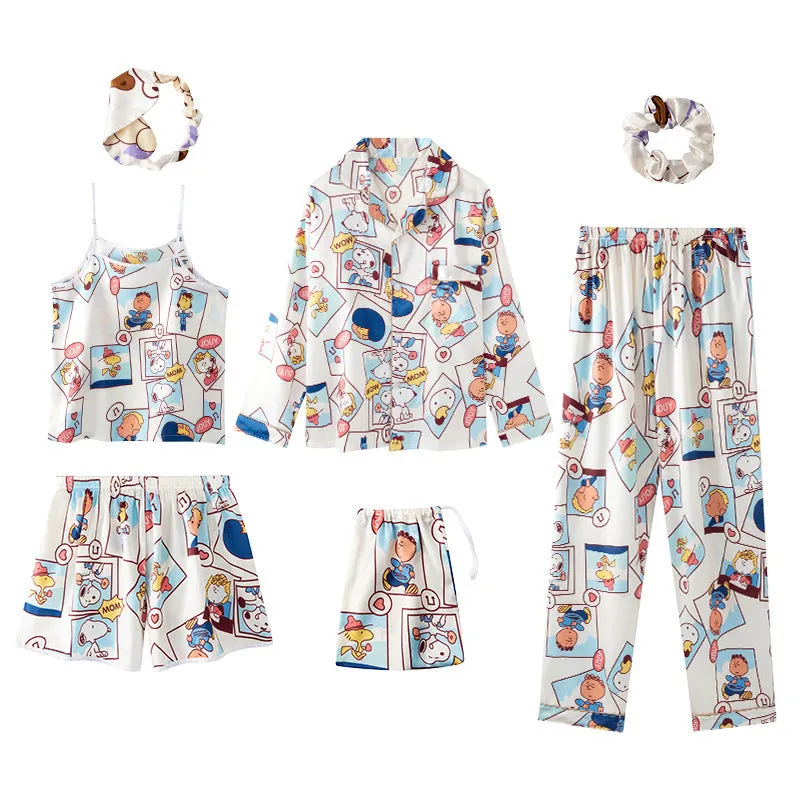 Seven-Piece Pajamas Simulation Silk Long-Sleeved Cardigan Spring And Autumn Set