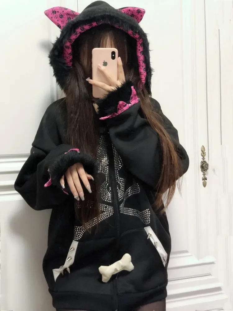 Skull loose fleece hoodie   KF70324