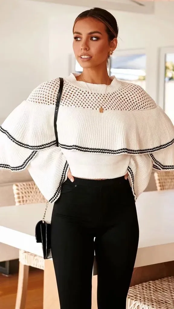 Splicing Hollow-out Flared Sleeve Knit Sweater