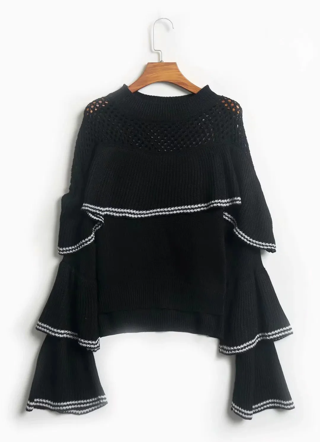 Splicing Hollow-out Flared Sleeve Knit Sweater