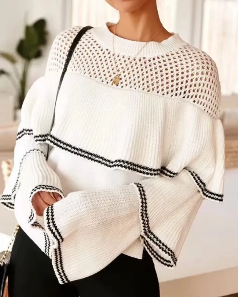 Splicing Hollow-out Flared Sleeve Knit Sweater