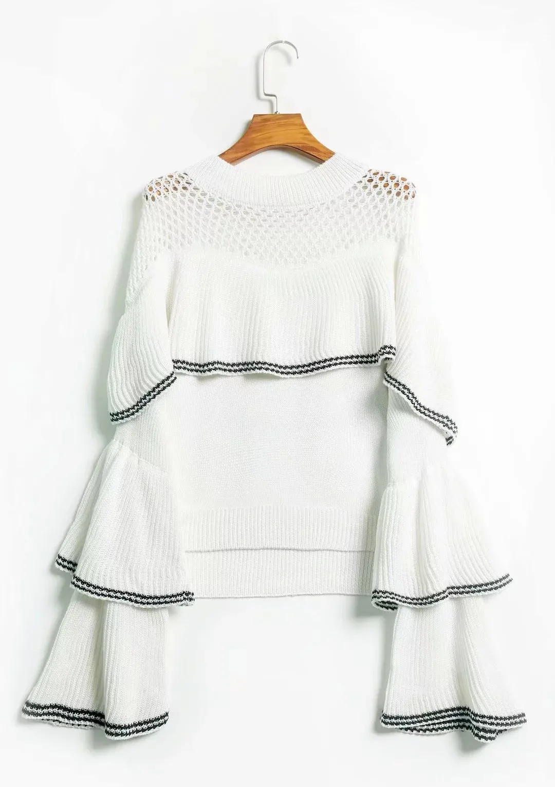 Splicing Hollow-out Flared Sleeve Knit Sweater