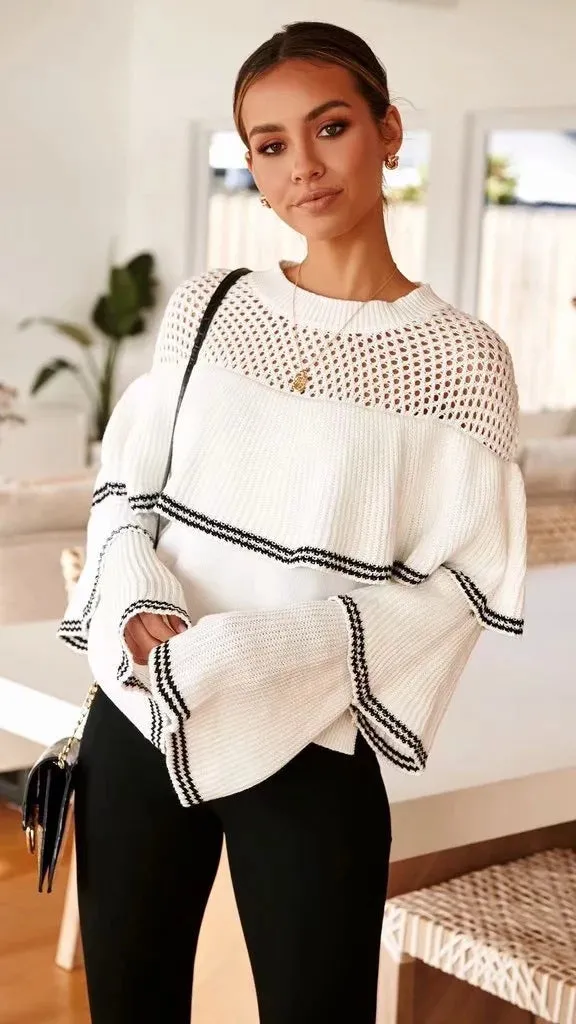 Splicing Hollow-out Flared Sleeve Knit Sweater