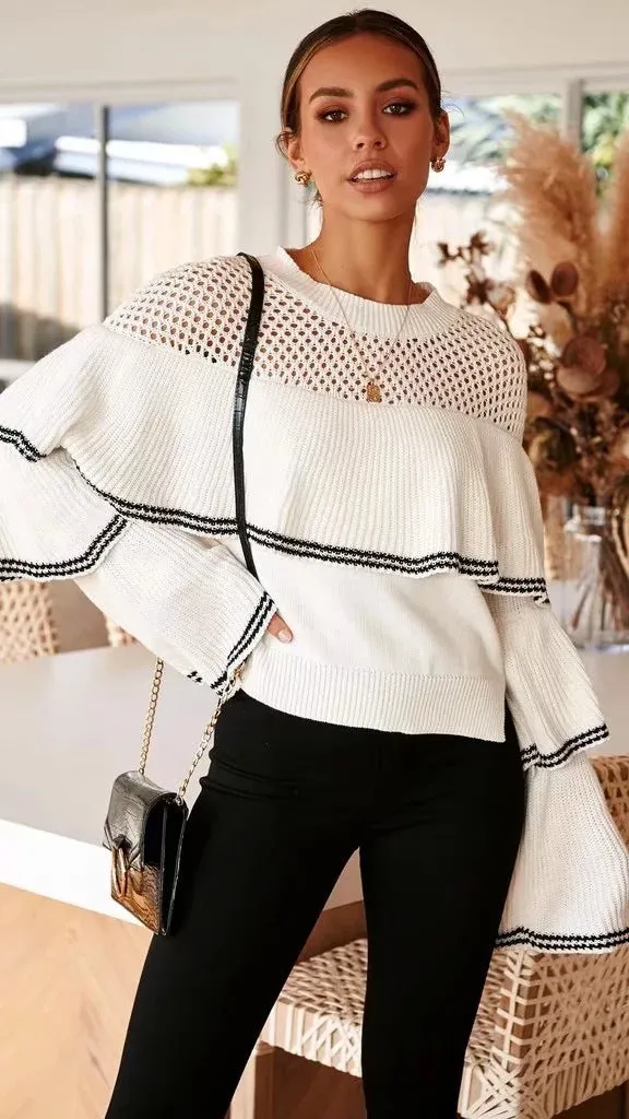Splicing Hollow-out Flared Sleeve Knit Sweater