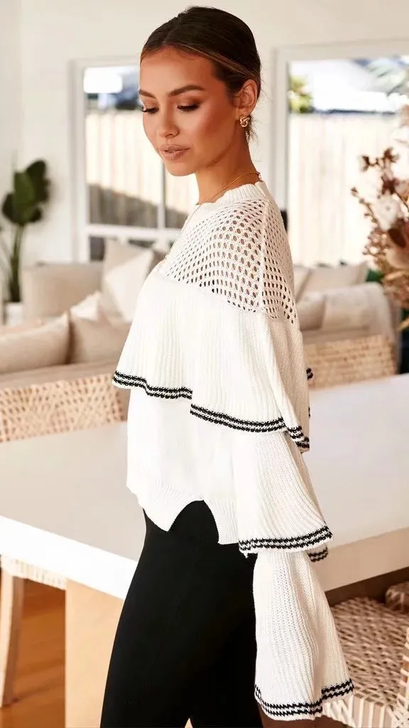 Splicing Hollow-out Flared Sleeve Knit Sweater