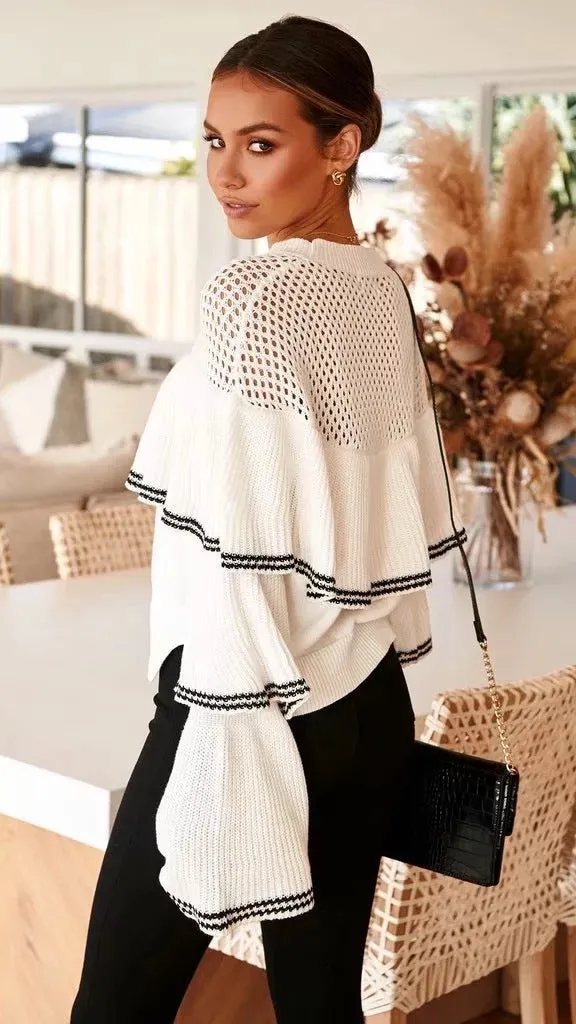 Splicing Hollow-out Flared Sleeve Knit Sweater
