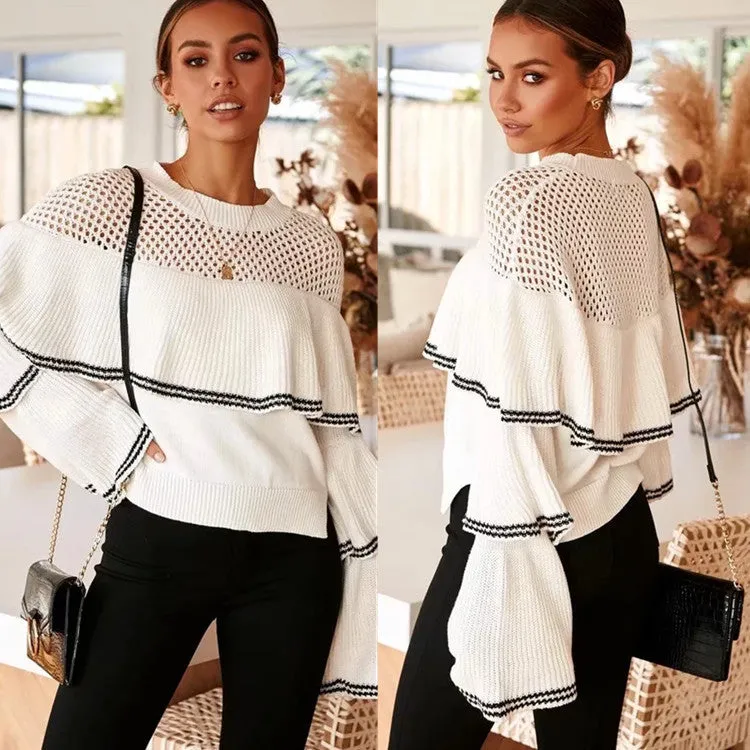 Splicing Hollow-out Flared Sleeve Knit Sweater