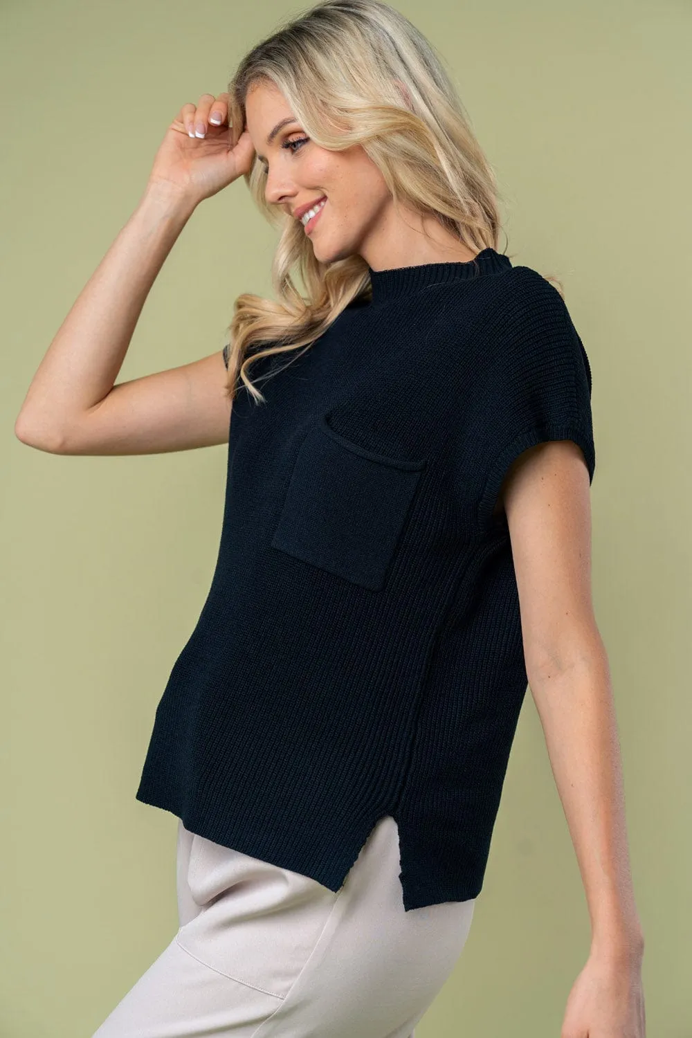 Stacie Cap Sleeve Sweater w/Chest Pocket in Black