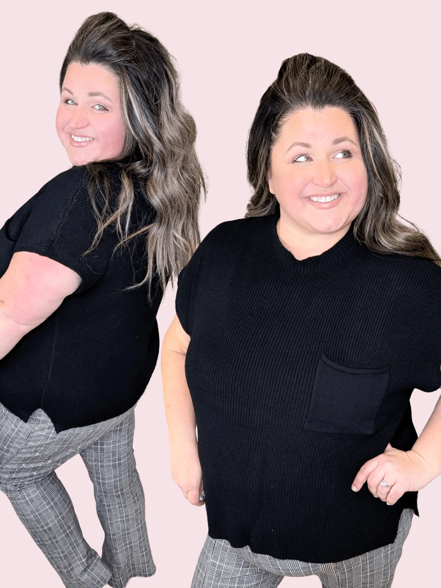 Stacie Cap Sleeve Sweater w/Chest Pocket in Black