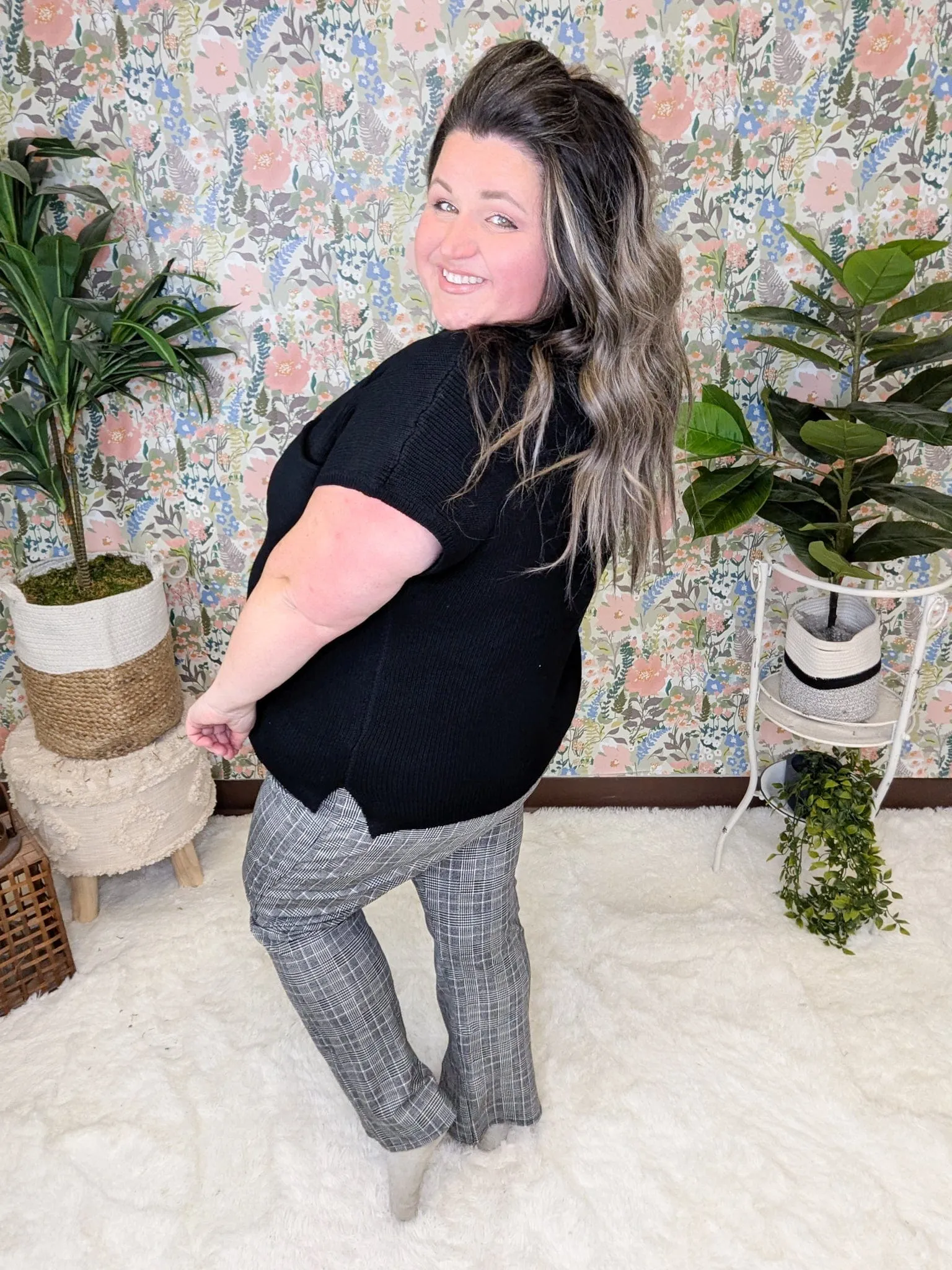 Stacie Cap Sleeve Sweater w/Chest Pocket in Black
