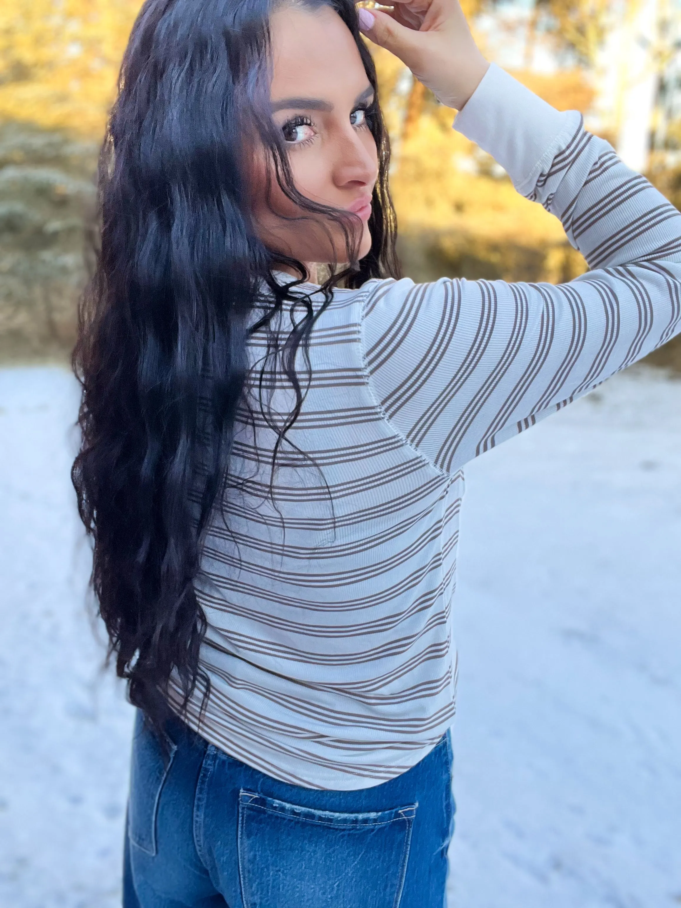 Stacy Top- White Taupe Stripe
