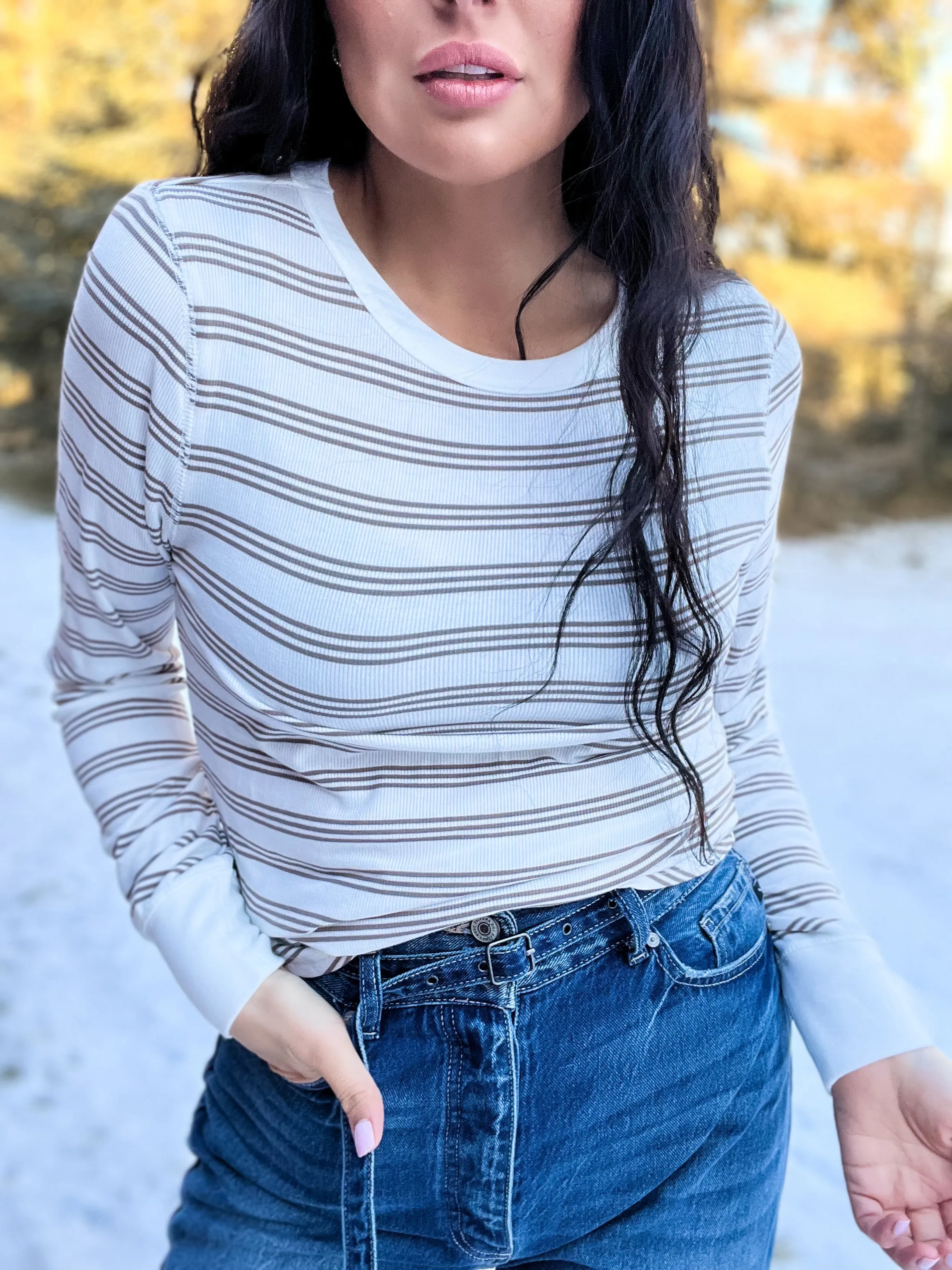Stacy Top- White Taupe Stripe