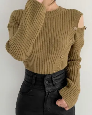 Stripe Button Strapless Splicing Knit Sweater