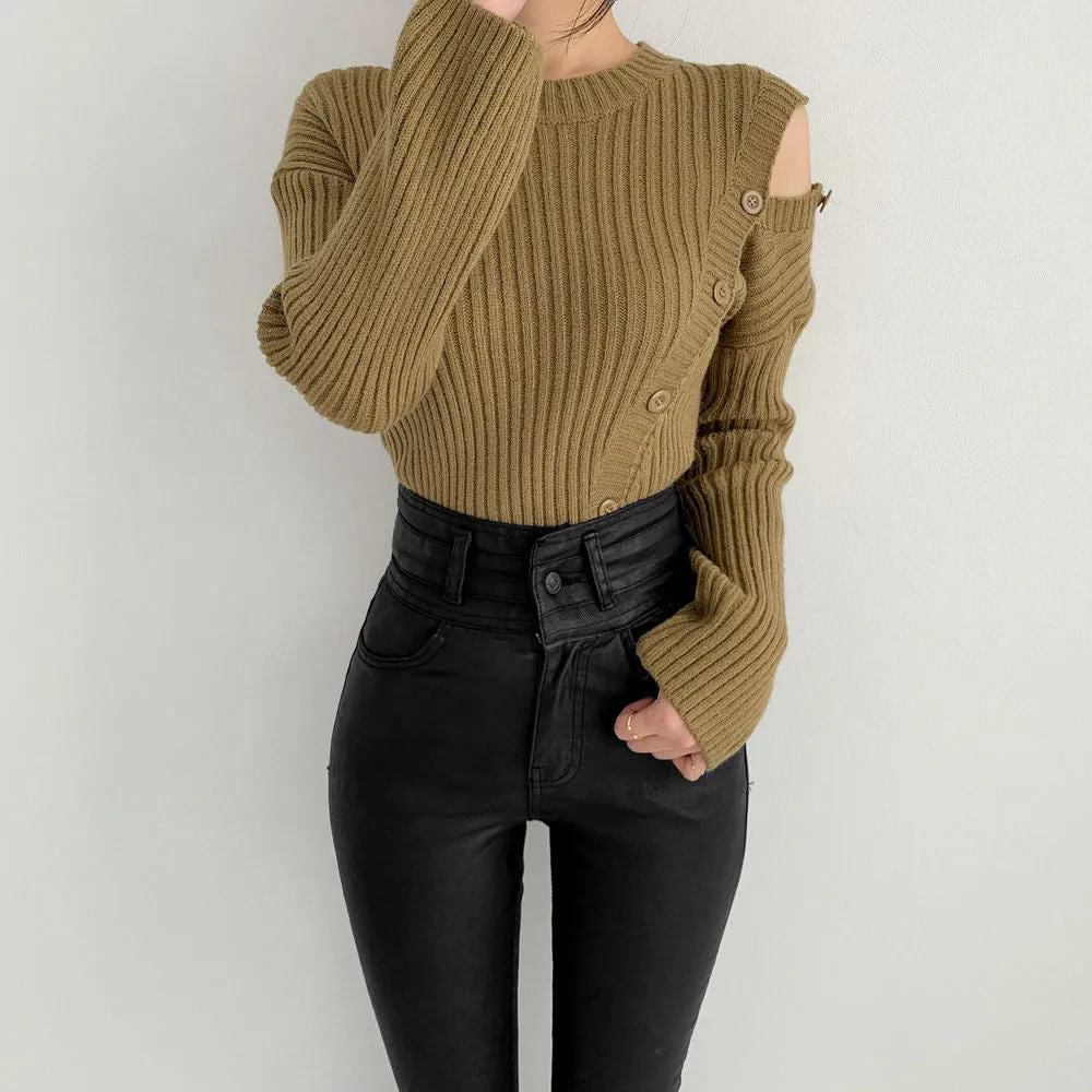 Stripe Button Strapless Splicing Knit Sweater