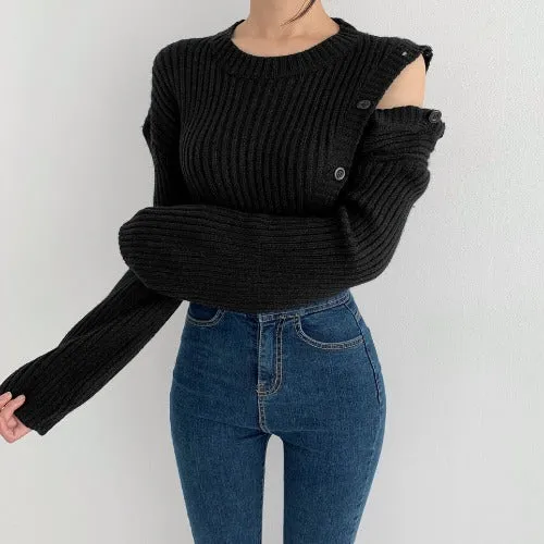 Stripe Button Strapless Splicing Knit Sweater