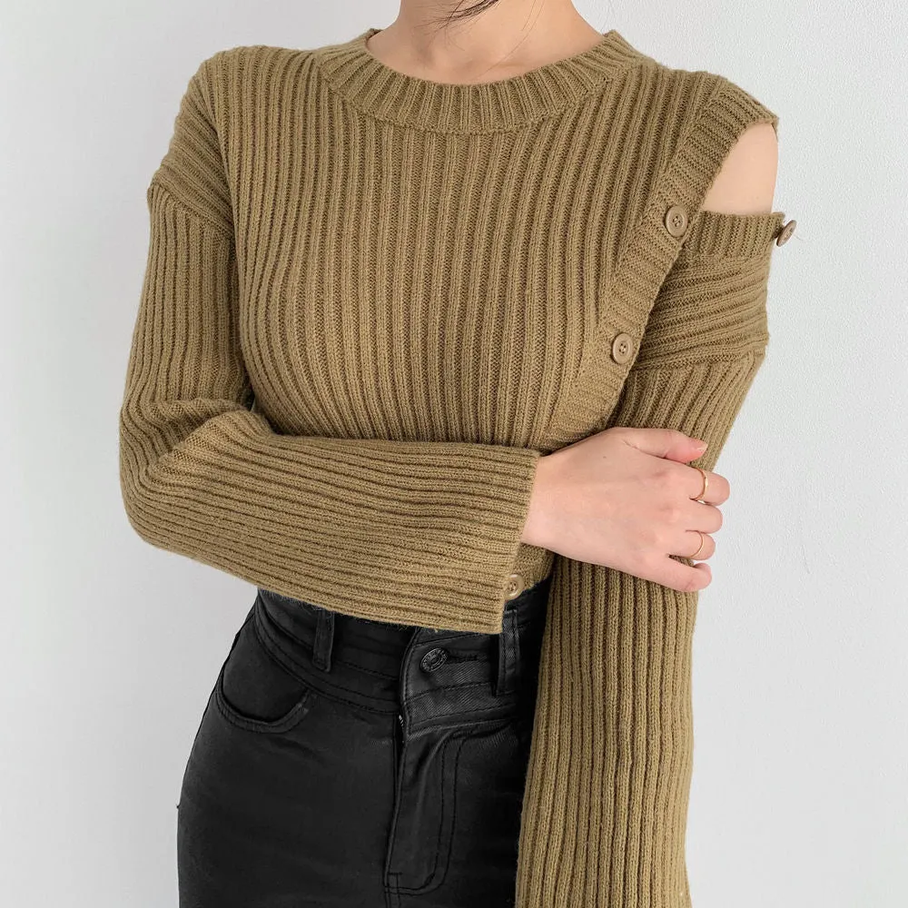 Stripe Button Strapless Splicing Knit Sweater
