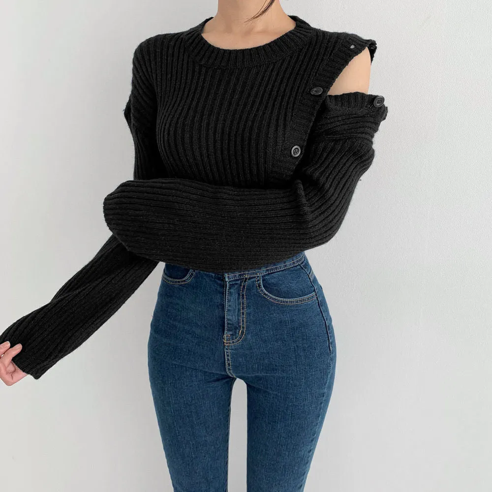 Stripe Button Strapless Splicing Knit Sweater