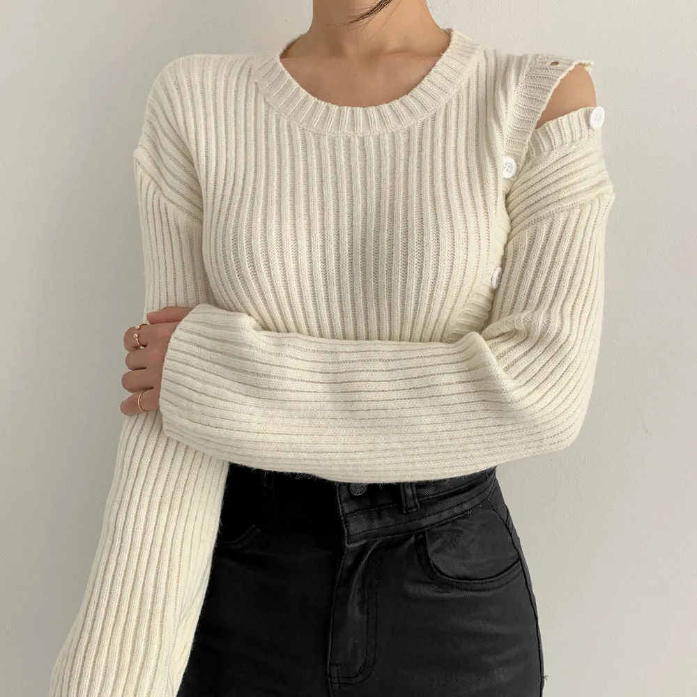 Stripe Button Strapless Splicing Knit Sweater