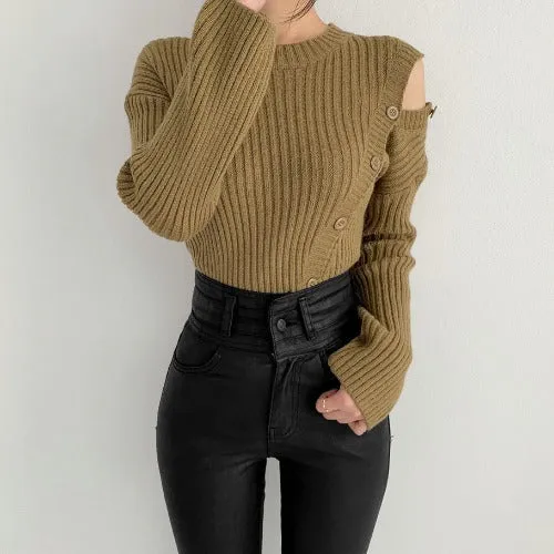 Stripe Button Strapless Splicing Knit Sweater