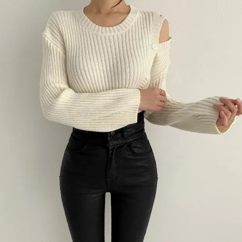 Stripe Button Strapless Splicing Knit Sweater