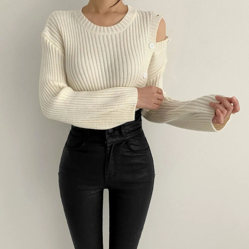 Stripe Button Strapless Splicing Knit Sweater