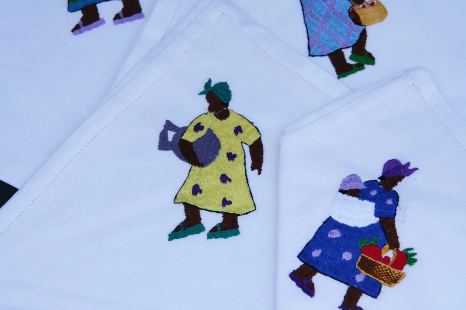 Table Napkins White Embroidered African People Set of 4 - Madagascar
