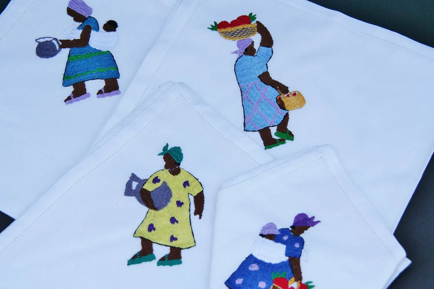 Table Napkins White Embroidered African People Set of 4 - Madagascar