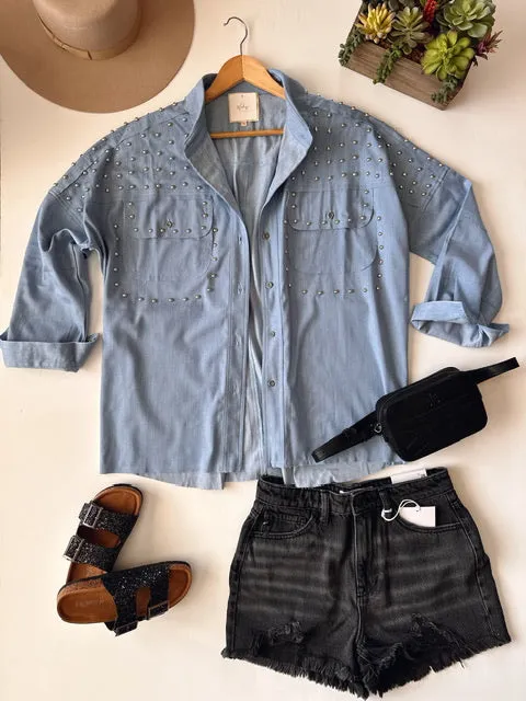 The Catching Feelings Chambray Studded Top