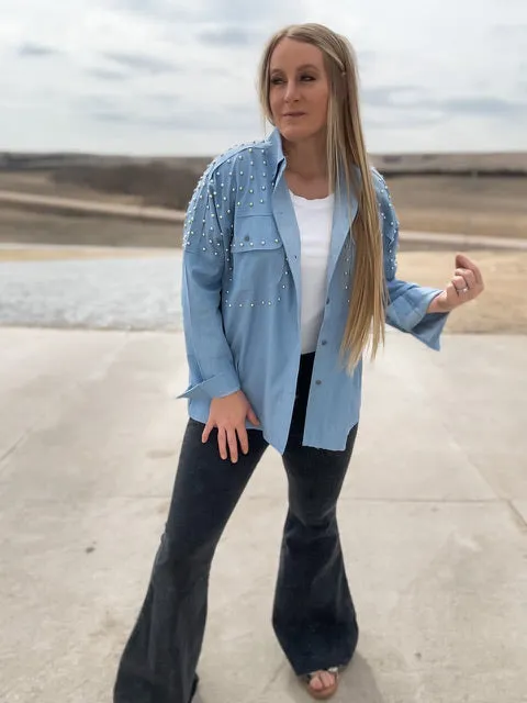 The Catching Feelings Chambray Studded Top
