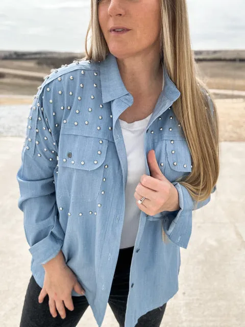 The Catching Feelings Chambray Studded Top