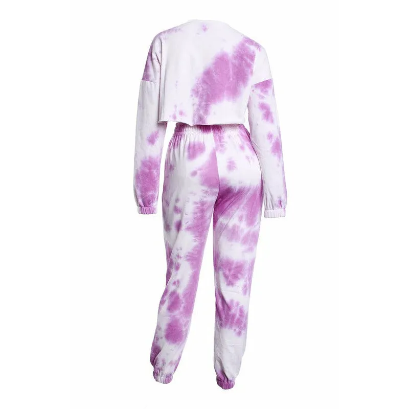 Tie Dye Crop Sweater Sweat Pant Set - Purple