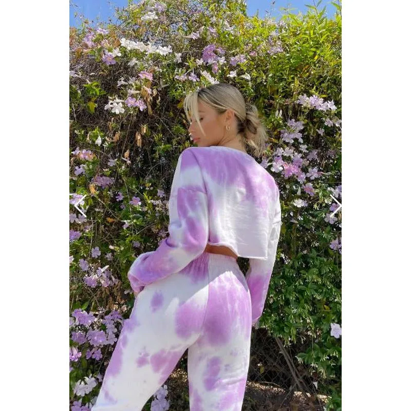 Tie Dye Crop Sweater Sweat Pant Set - Purple
