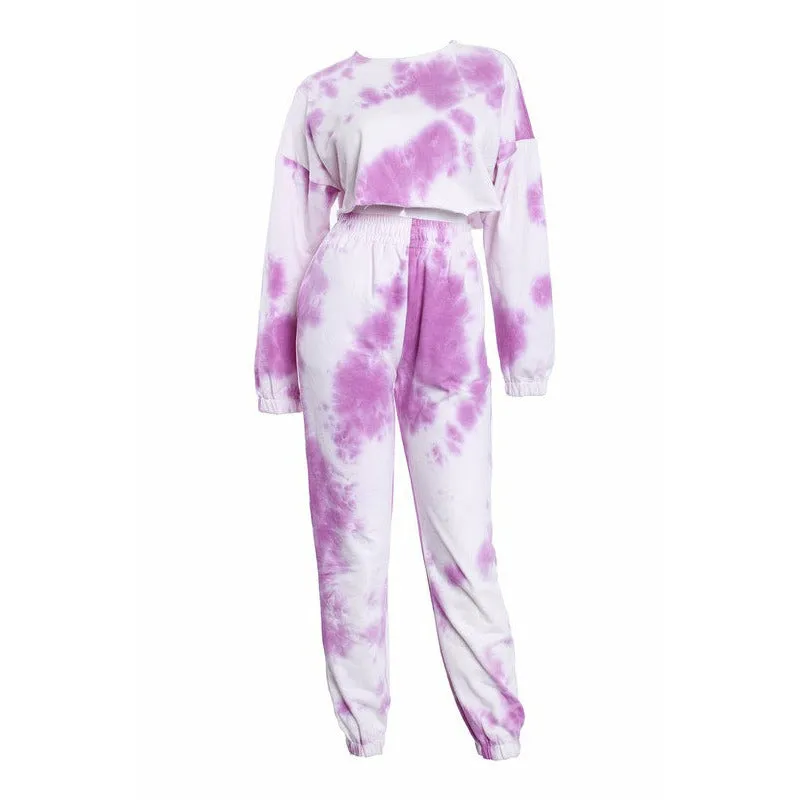 Tie Dye Crop Sweater Sweat Pant Set - Purple